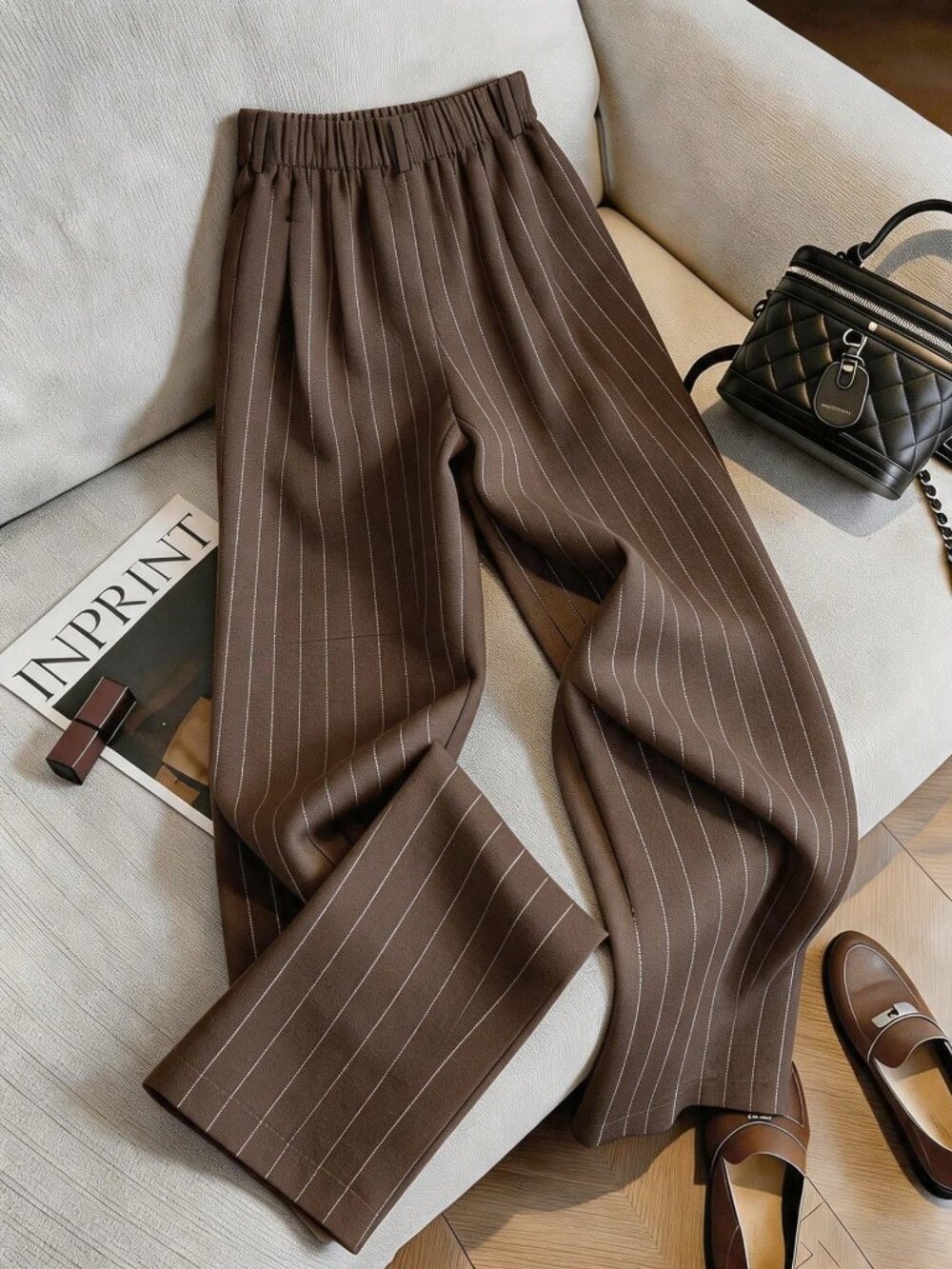 Brown Casual Women's Linen Striped Pants - Picture 2 of 4